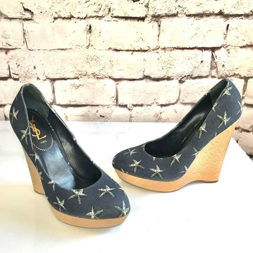 YSL YVES SAINT LAURENT Starfish Print Canvas Platform Wedge Size 9.5 US  EU 39.5